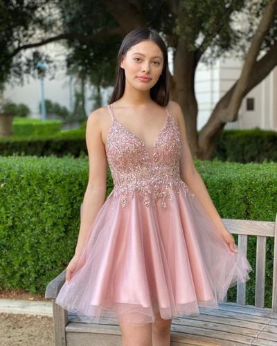 SP2155,Sweet pink beaded homecoming dresses,spaghetti straps a-line tulle prom dress