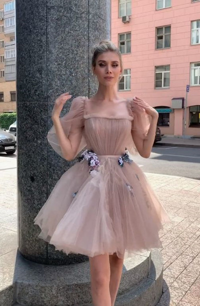 SP2162,Dusty pink tulle homecoming dresses with puffy bubble sleeves