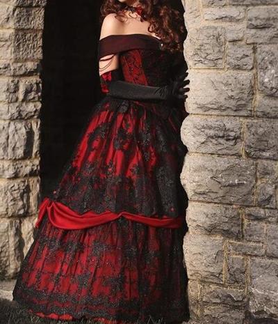 Red And Black Lace Wedding Dresses Vintage Two Layers Skirt Off The Shoulder Rhinestones Princess wedding dress vestidos de novia,411
