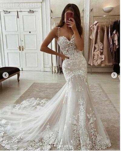 Mermaid Wedding Dress Spaghetti Straps Appliques Bridal Gowns Wedding Gown,869