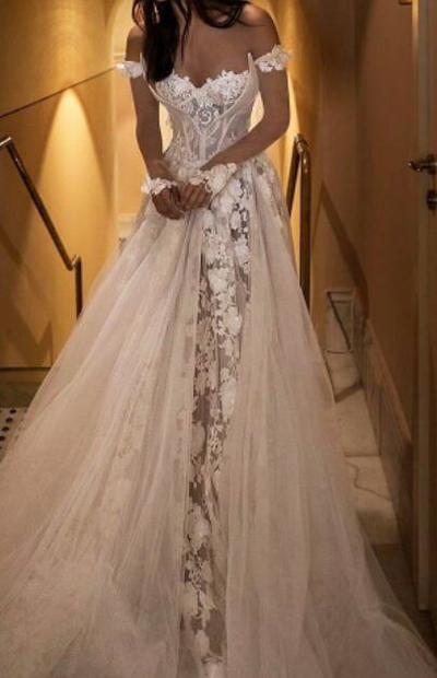 Off the shoulder strapless sweetheart applique lace long sleeves long wedding dress,871