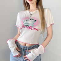 Sweet Kitty Cat Heart Printed Lace up Crop Top - Thumbnail 3
