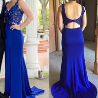 V Neck Royal Blue Prom Dresses with Appliques Lace - Thumbnail 1