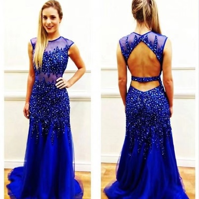 Luxury prom dresses royal blue with rhinestones - Thumbnail 2