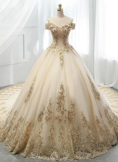 Mermaid Champagne Tulle Wedding Dress With Gold Lace Appliques