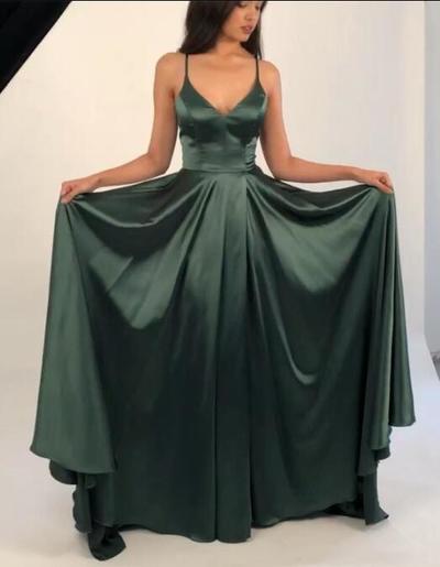 Spaghetti Straps V-Neck Olivia Green Satin Evening Dresses