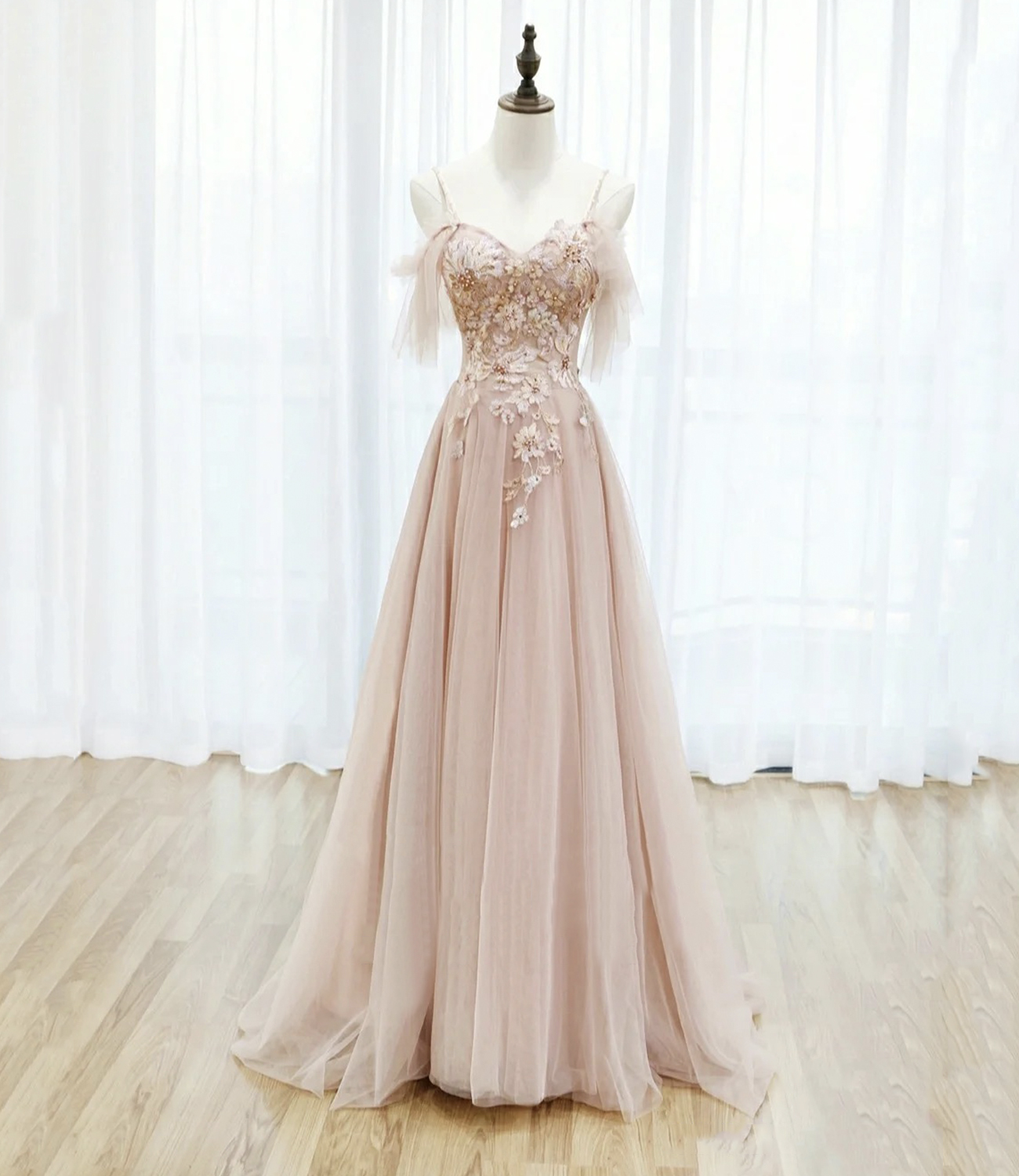 Pink tulle lace long prom dress pink evening dress