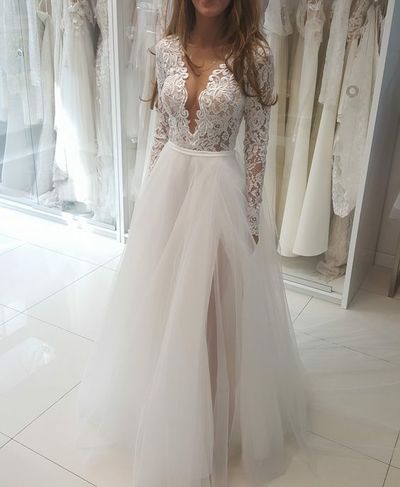 Charming A Line V Neck Long Sleeves Lace Wedding Dresses,1431