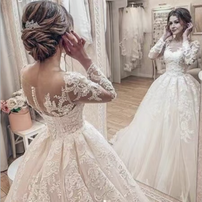 V Neck Wedding Dresses Bridal Gown with Sleeves