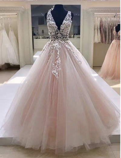 V Neck Prom Dresses Pink with Appliques Lace