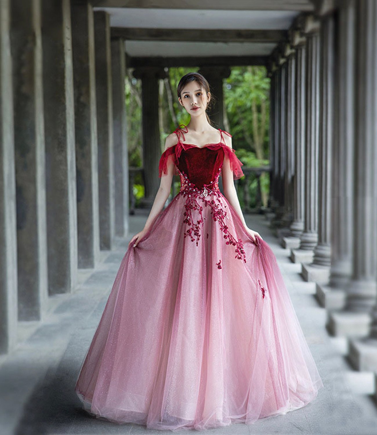 Cute tulle lace long prom dress A line evening dress