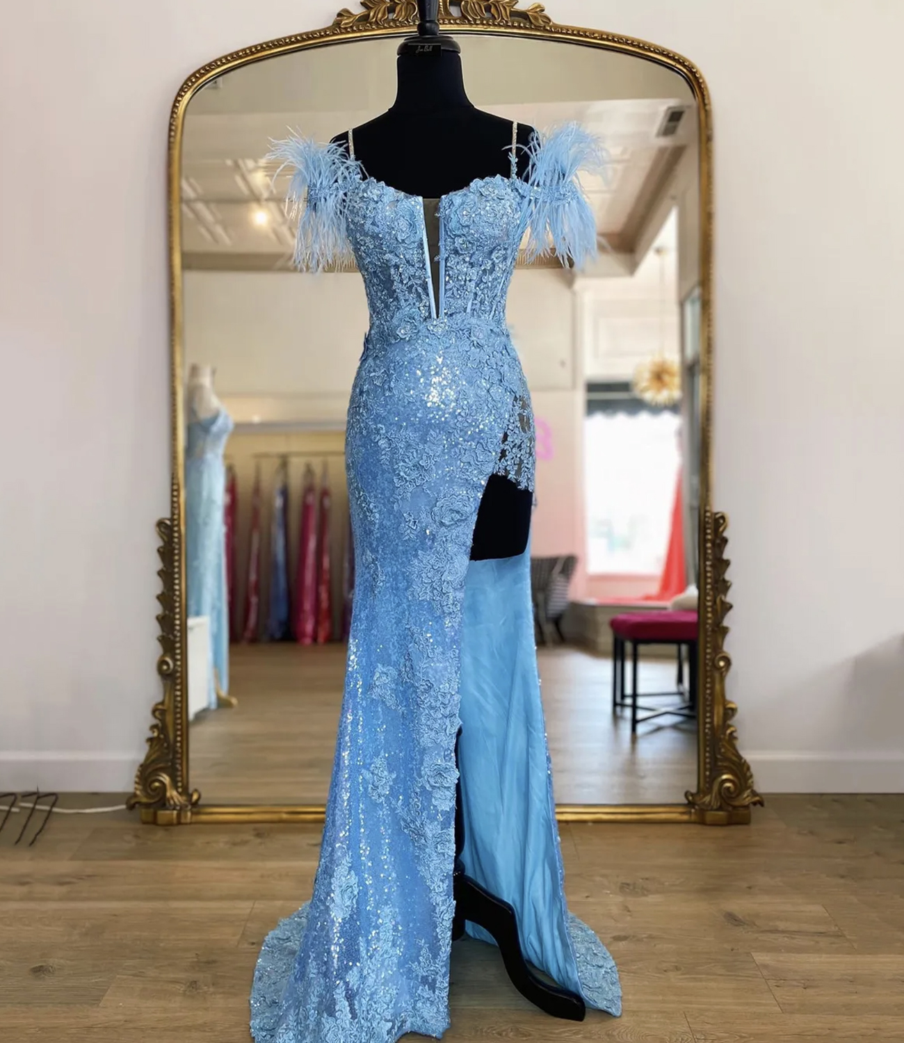 Blue sequins lace long prom dress evening dress