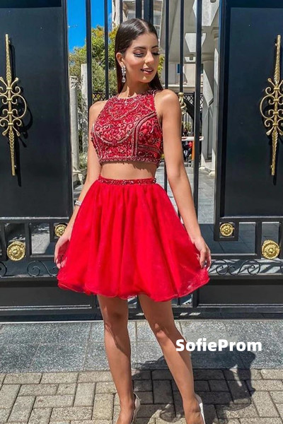 SP2171,Luxury Jewel Neckline Beaded Bodice Red Two-Piece Homecoming Dresses,Chiffon Short Homecoming Graduation Dress