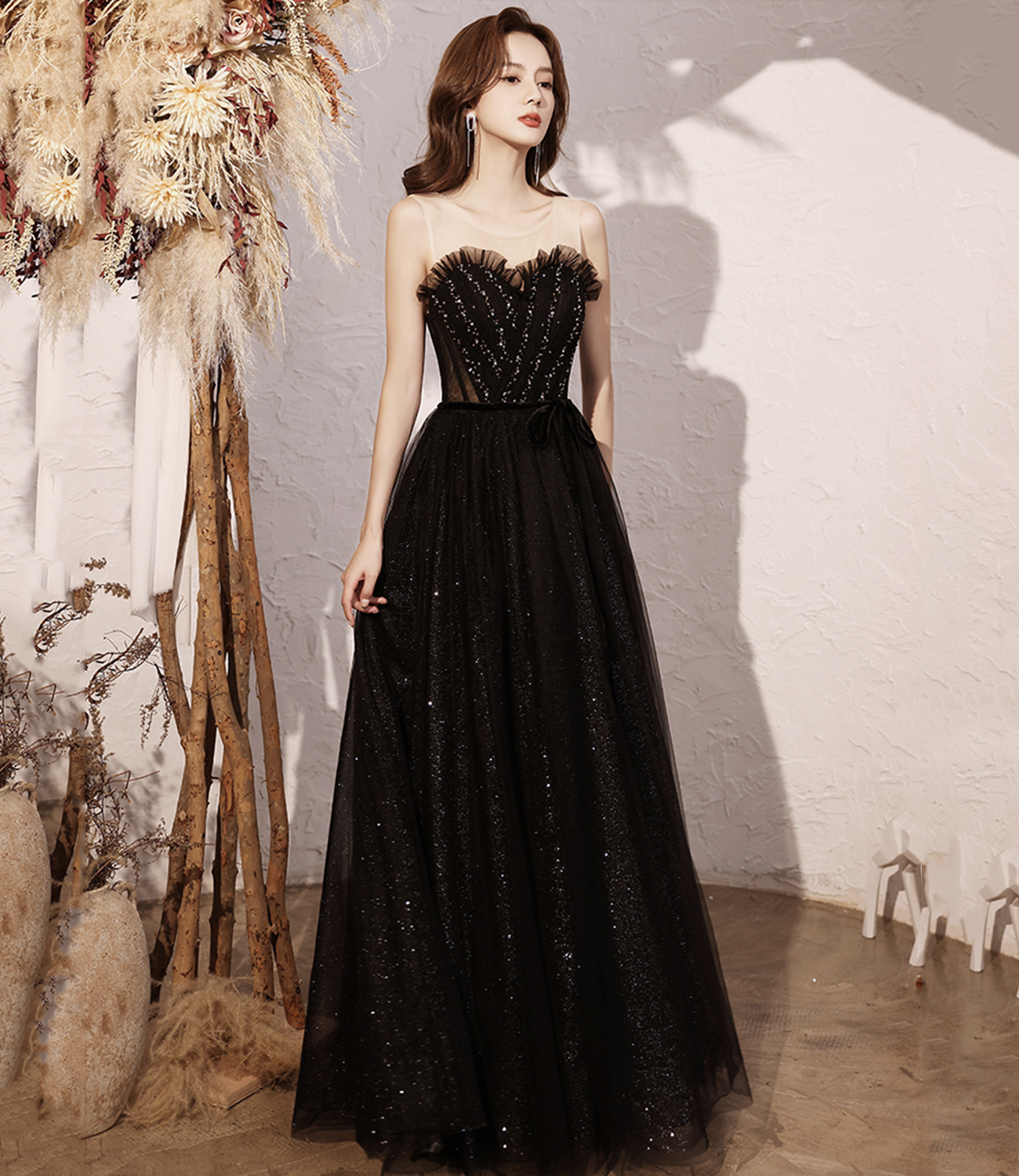 Cute tulle beads long prom dress A line evening dress