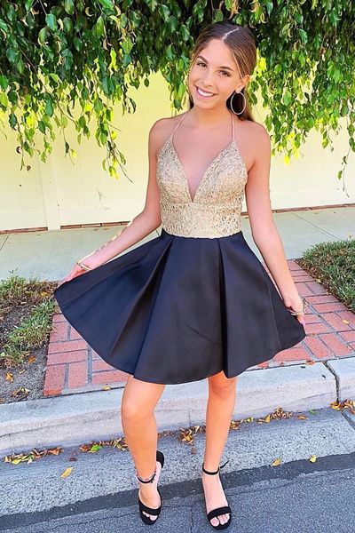 SP2175,Gold applique top homecoming dresses,spaghetti straps a-line short prom dresses,black junior prom dresses