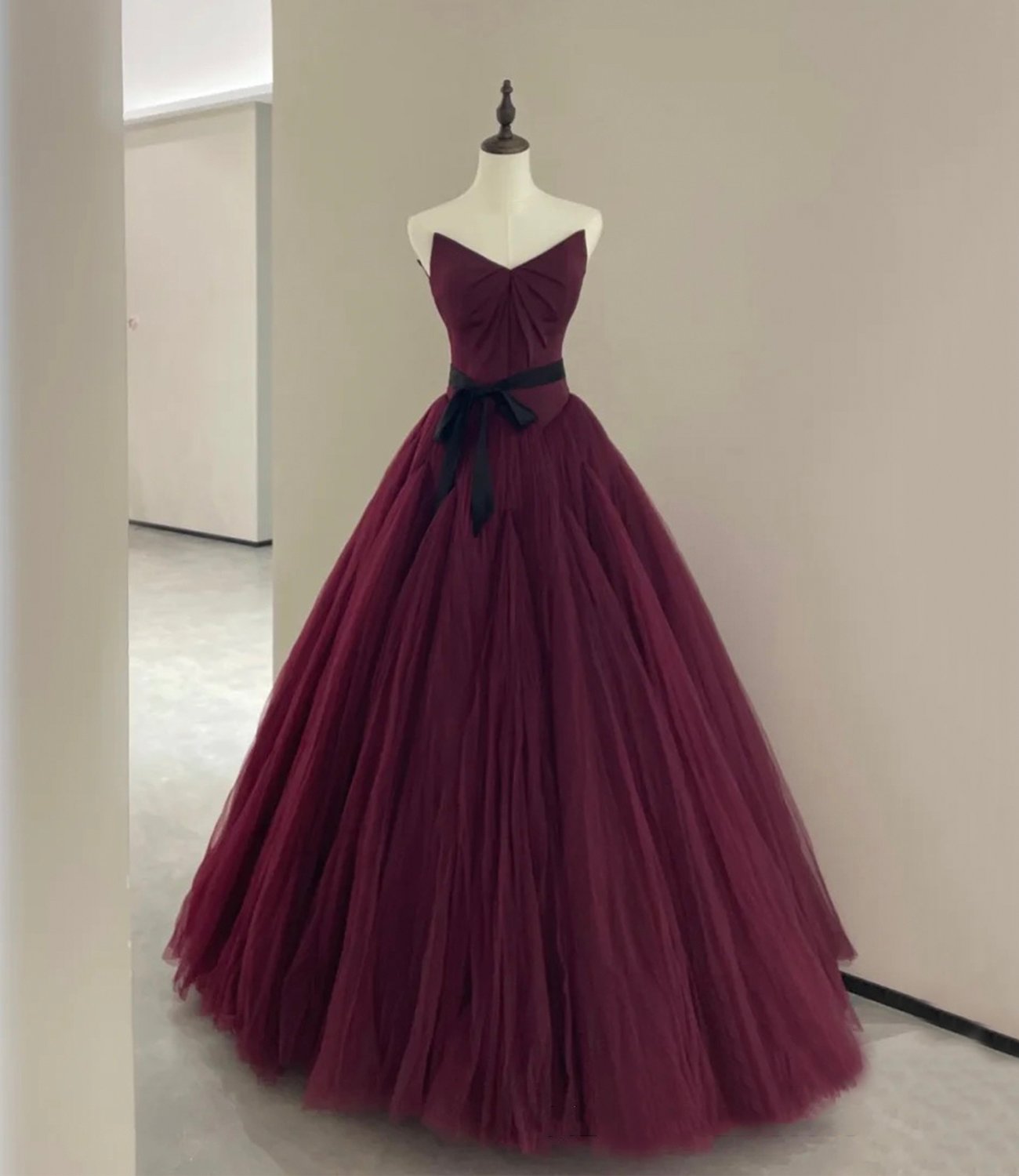 Burgundy tulle long prom dress evening dress