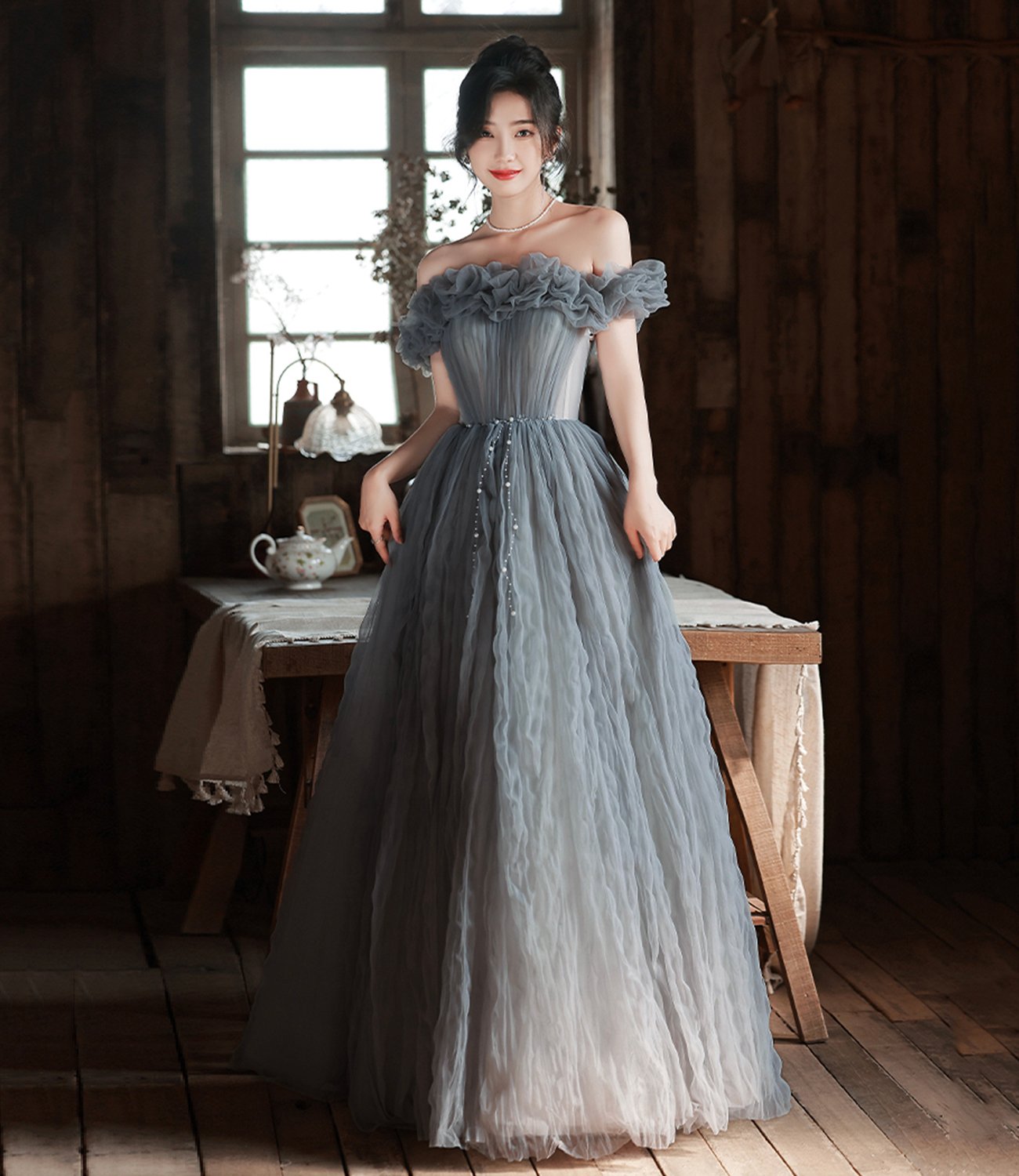 Gray tulle long prom dress A line evening dress