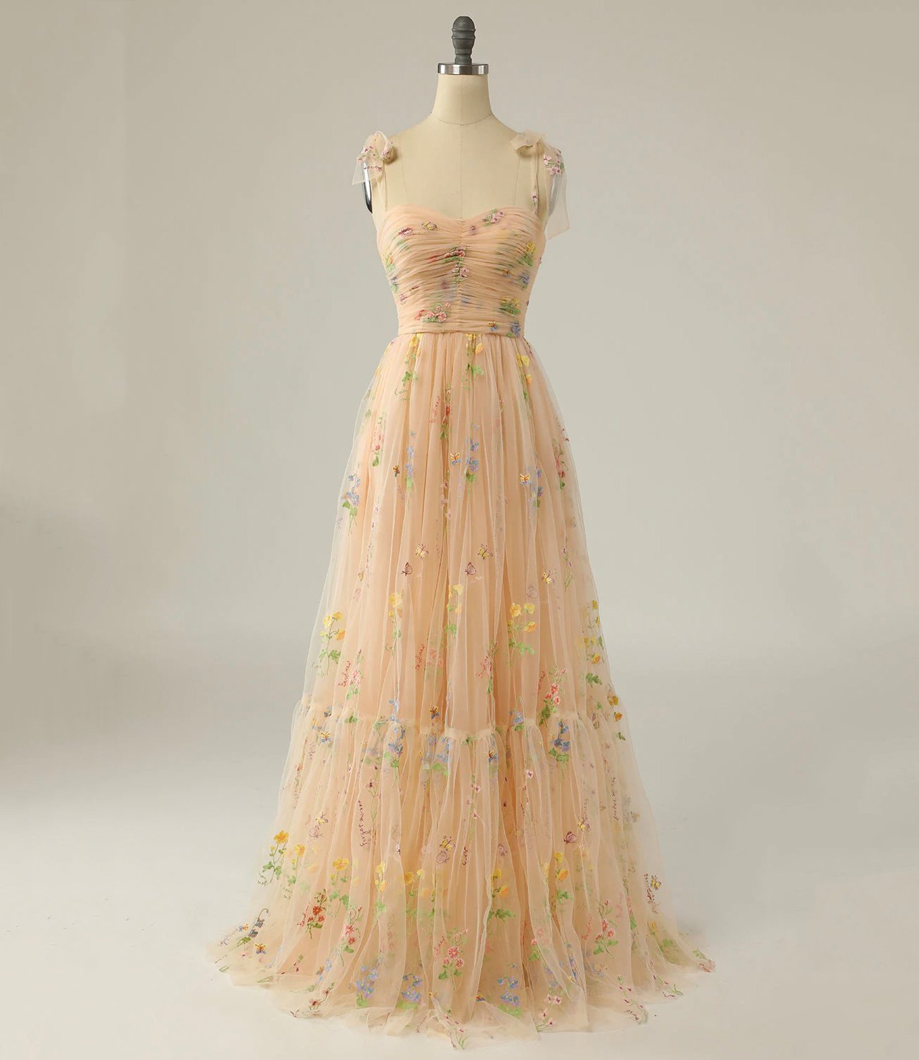 Champagne tulle lace long prom dress A line evening dress