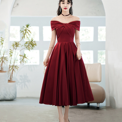 Burgundy satin short prom dress homecoming dress - Thumbnail 2