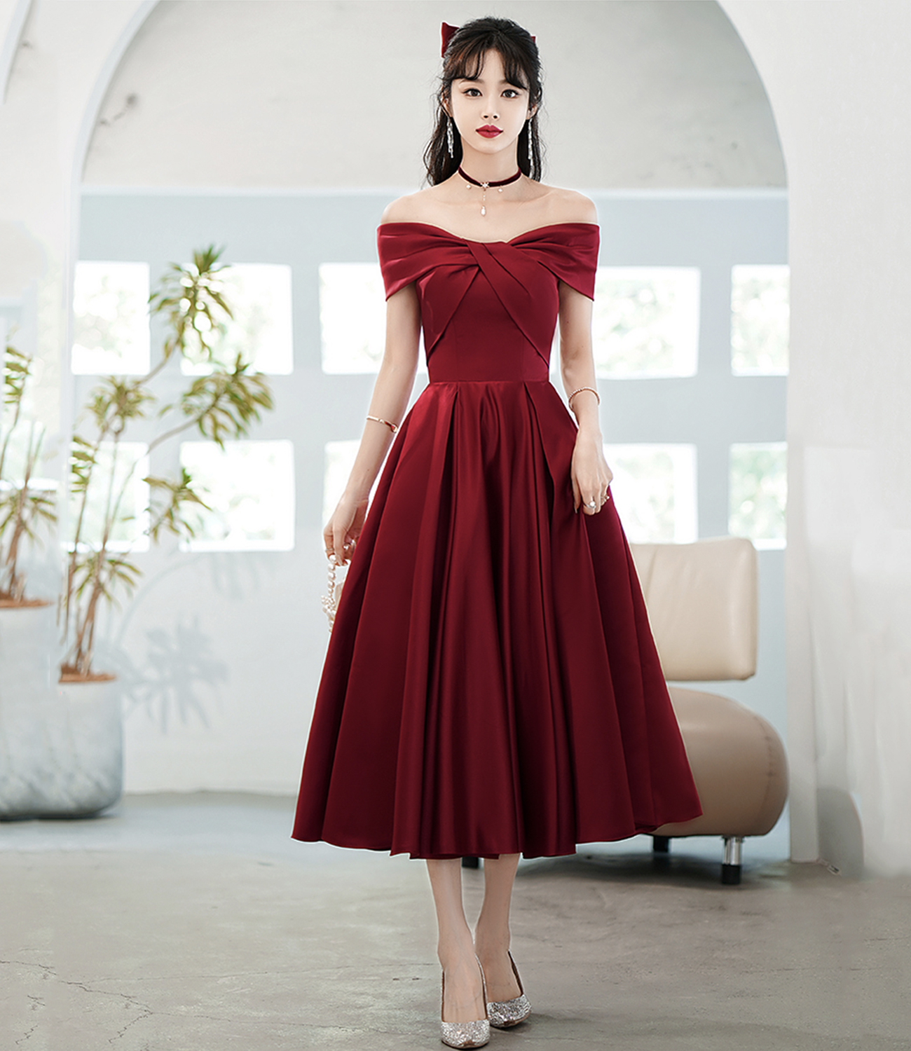 Burgundy satin short prom dress homecoming dress