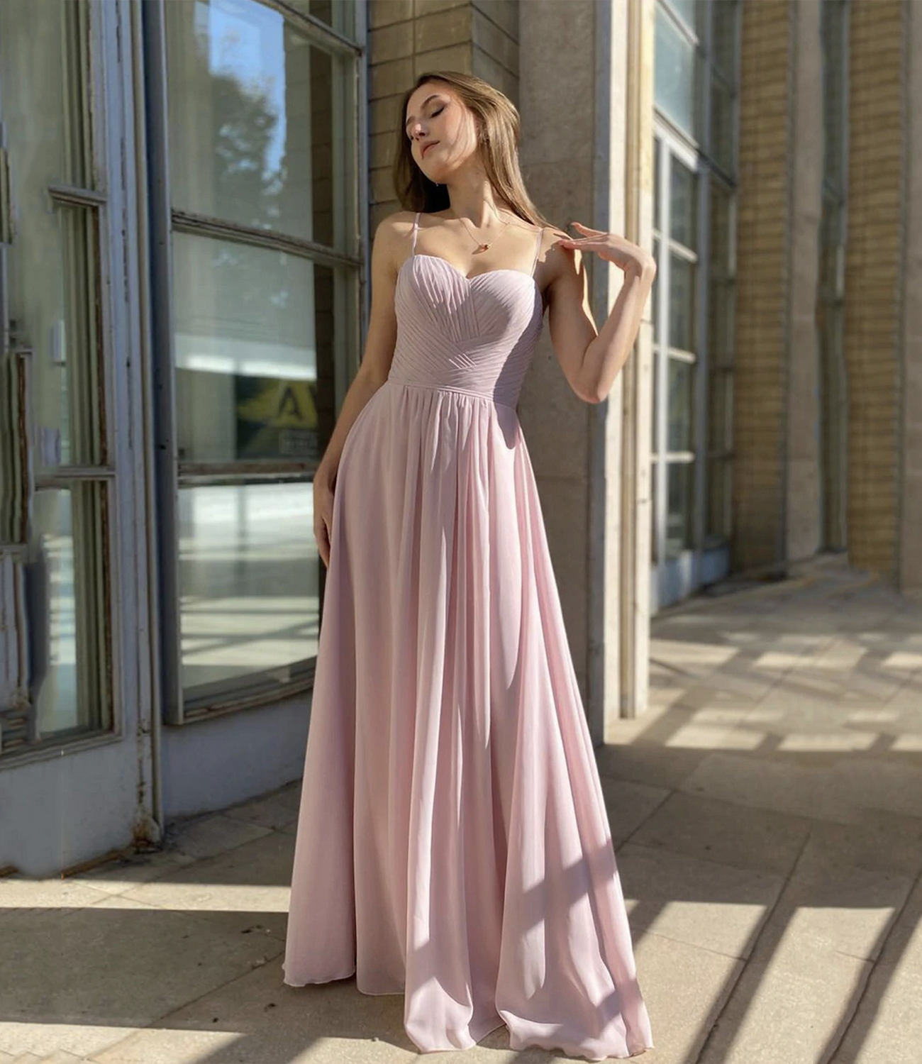 Pink chiffon long A line prom dress pink evening dress