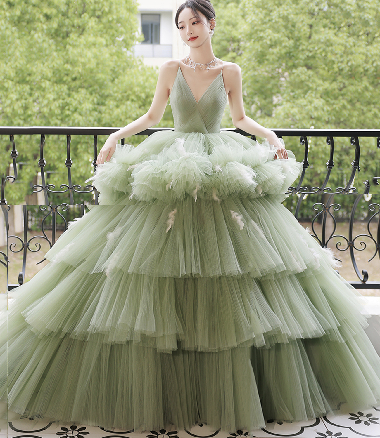 Green tulle long ball gown dress green evening dress