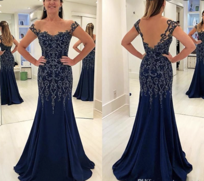 Off Shoulder Navy Blue Prom Dresses with Rhinestones