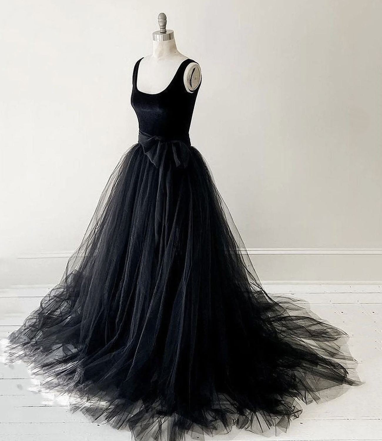 Black velvet tulle long prom dress black evening dress