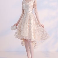 Champagne v neck high low prom dress homecoming dress - Thumbnail 2