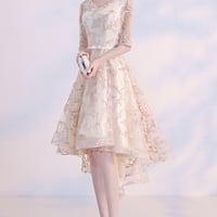 Champagne v neck high low prom dress homecoming dress - Thumbnail 4