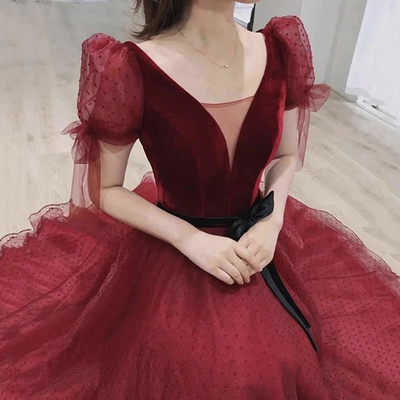 Burgundy velvet tulle short prom dress homecoming dress - Thumbnail 1