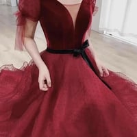 Burgundy velvet tulle short prom dress homecoming dress - Thumbnail 1