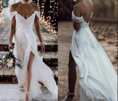 Off Shoulder Wedding Dresses Bridal Gown with Lace Slit