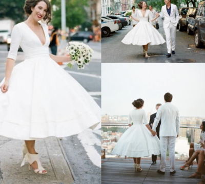 Deep V Neck Wedding Dresses Bridal Gown Tea length