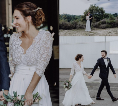 Deep V Neck Wedding Dresses Bridal Gown with Half Sleeves