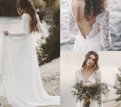 V Neck V Back Wedding Dresses Bridal Gown with Sleeves Lace
