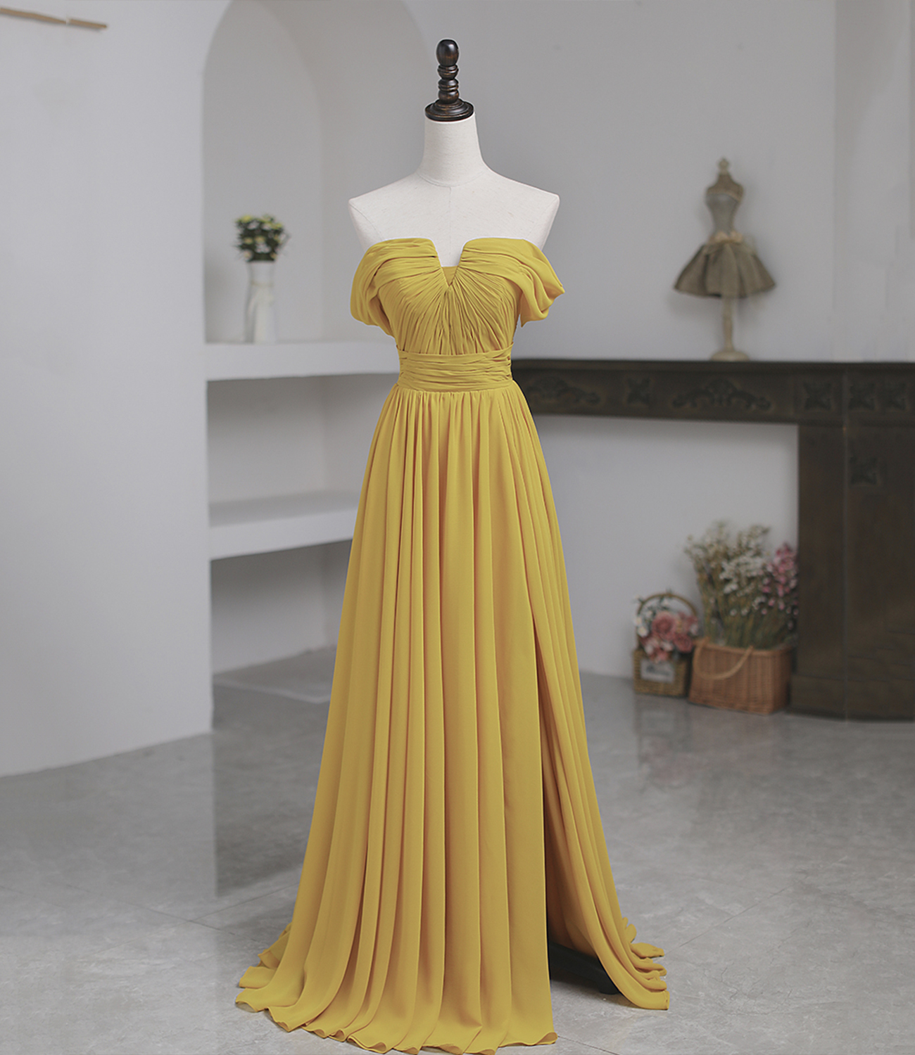 Yellow chiffon long prom dress A line evening dress