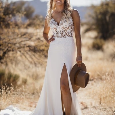 Simple elegant sheath v neck white lace wedding dress with slit - Thumbnail 2