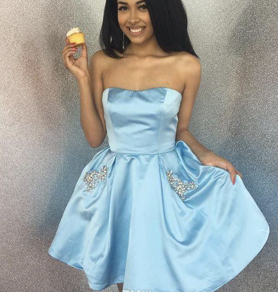 Blue Homecoming Dresses with Pockets Beaded