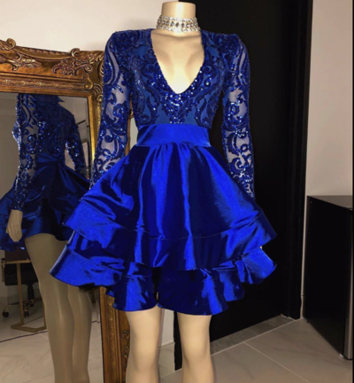 V Neck Royal Blue Homecoming Dresses with Sleeves
