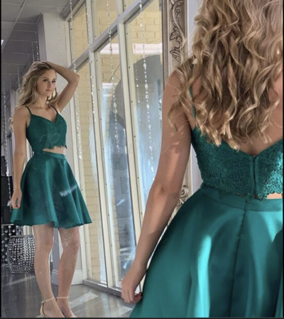Two Piece Homecoming Dresses Top Lace Green