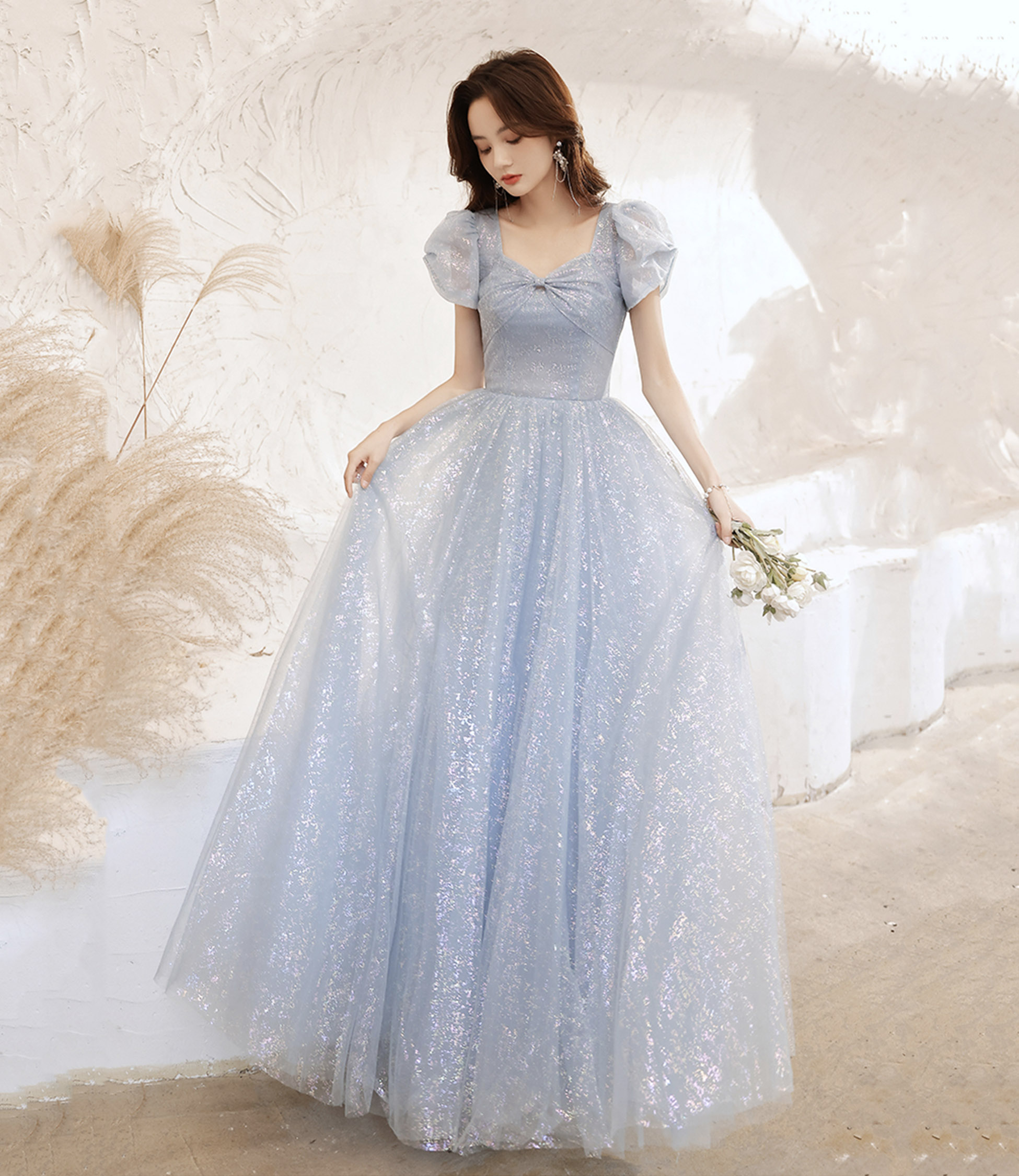 Blue tulle long A line prom dress blue evening dress