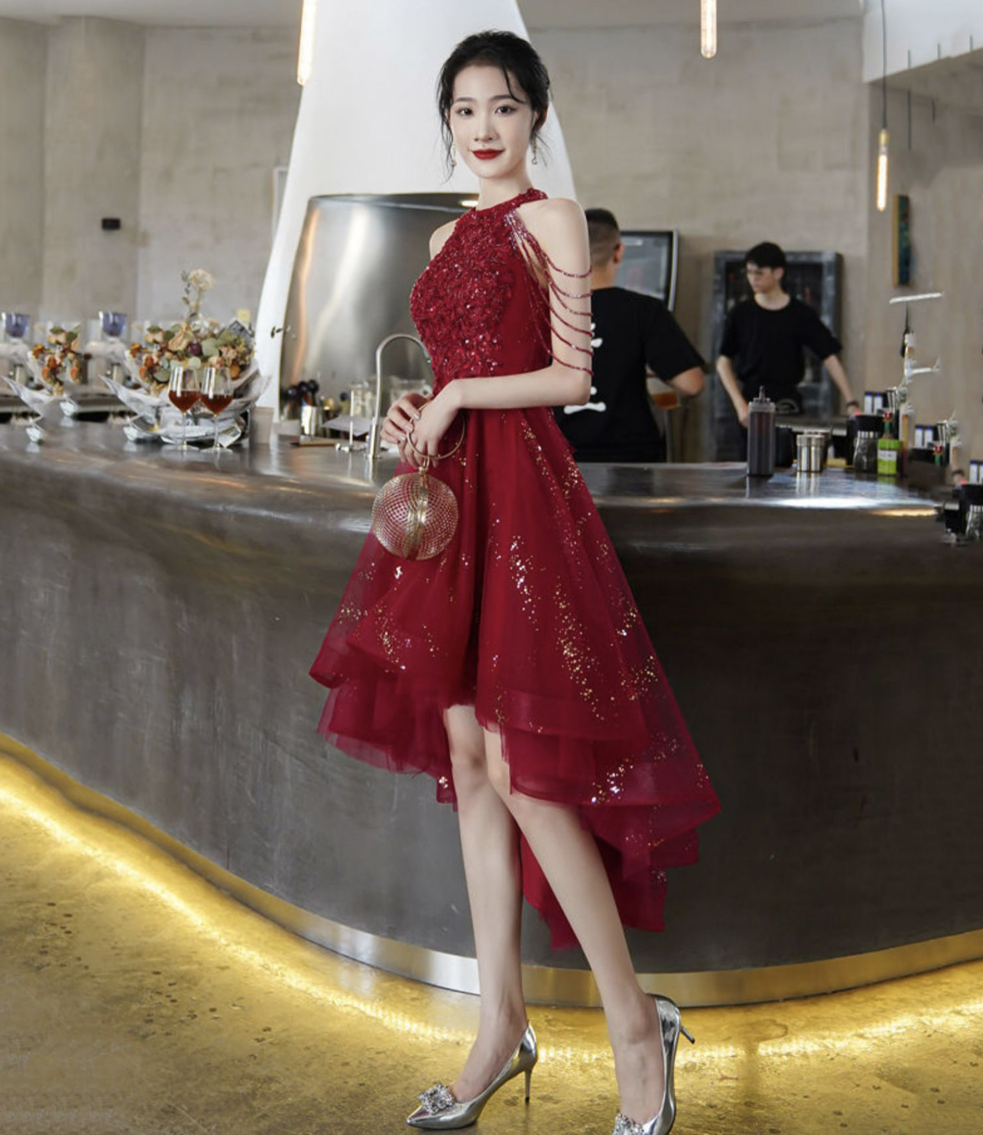 Burgundy tulle beads high low prom dress homecoming dress