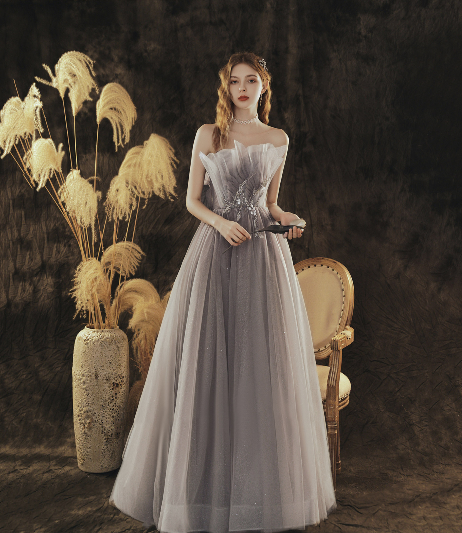 Grey Shoulderless A-line Long Prom Dress