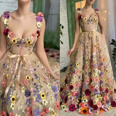 Straps prom dresses floor length with 3d flowers - Thumbnail 2