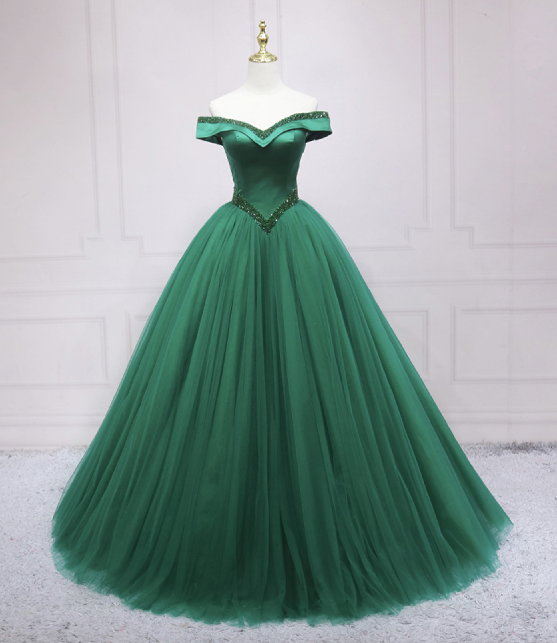 Green tulle beads long prom dress A line evening dress