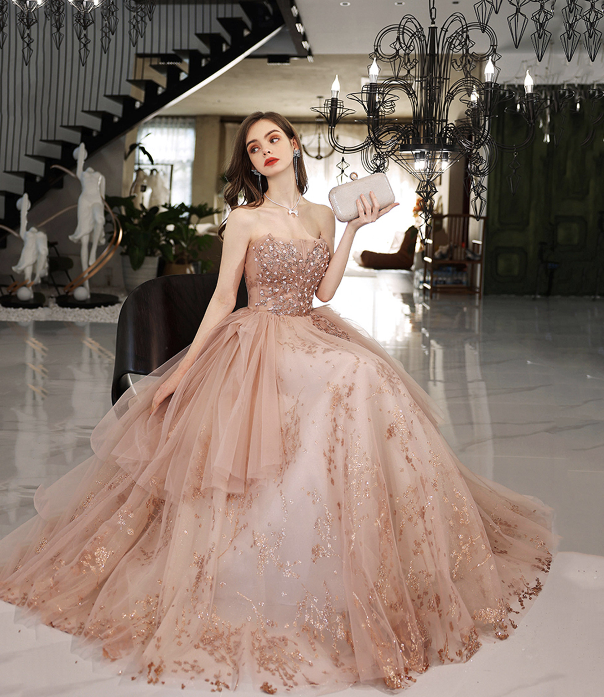 Pink tulle sequins long prom dress pink evening dress