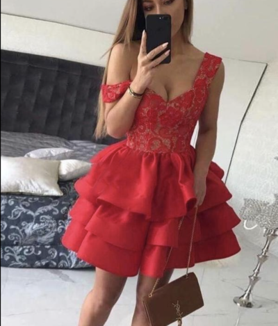 Straps Red Homecoming Dresses Lace Short Length