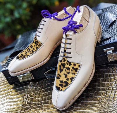 Handmade Men's Off white Black Leopard Haire Skin Shoes, Men's Lace Up Leather Shoes