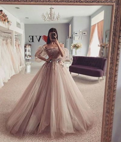 Charming Ball Gown Off the Shoulder Long Sleeves Coffee Wedding Dresses,882